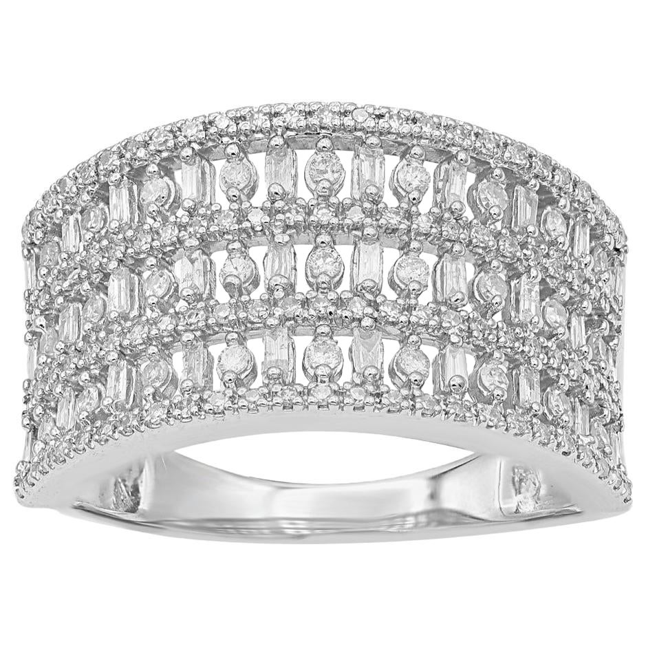 Bague d'anniversaire à plusieurs rangs en or blanc 14 carats avec diamants ronds et baguettes de 0,50 carat TJD