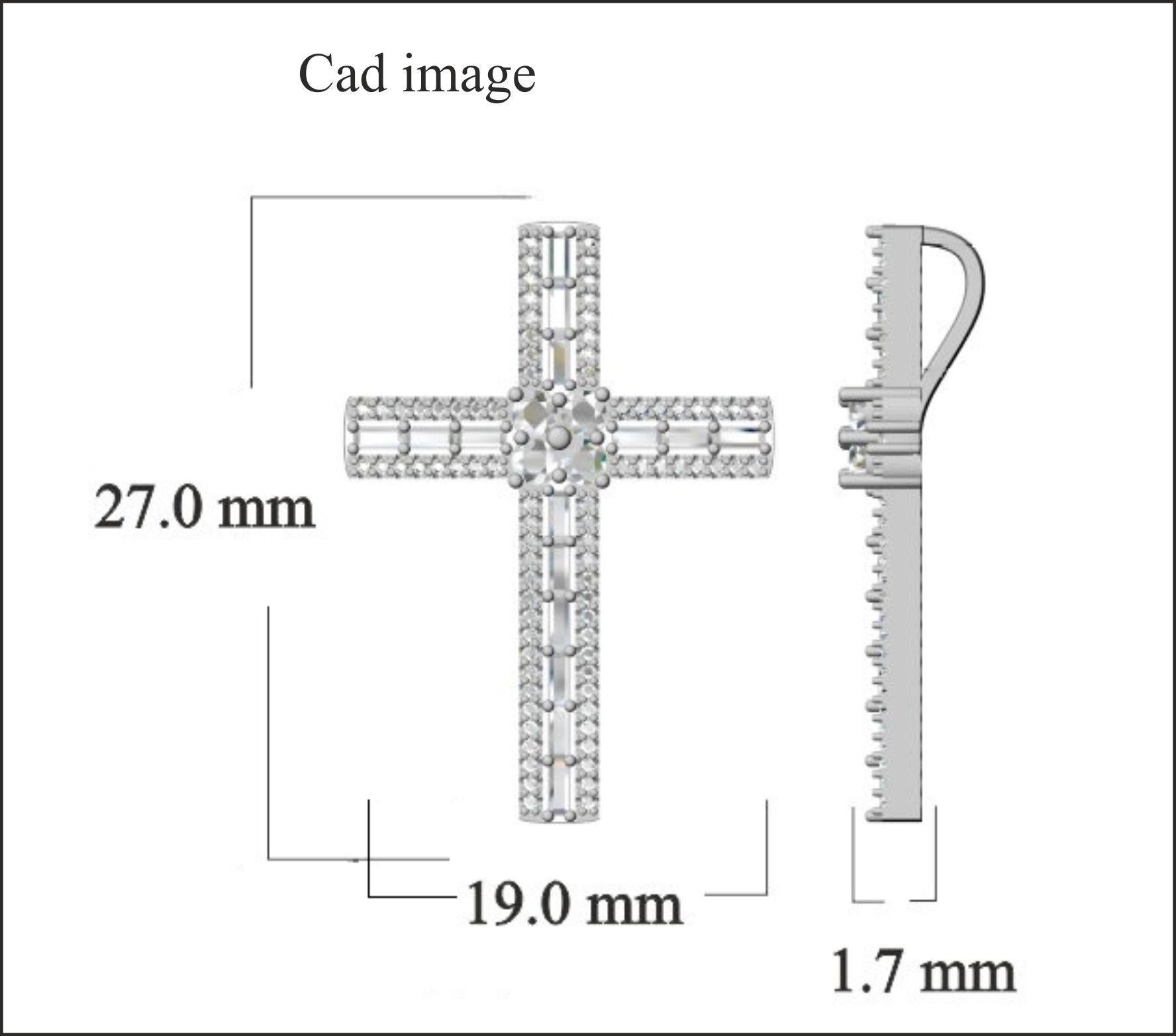 Scintillante e ispirato, questo ciondolo con croce di diamanti sarà sicuramente apprezzato. Il pendente è realizzato in oro bianco a 14 carati e presenta 86 diamanti rotondi e 15 diamanti con taglio a baguette incastonati in una montatura