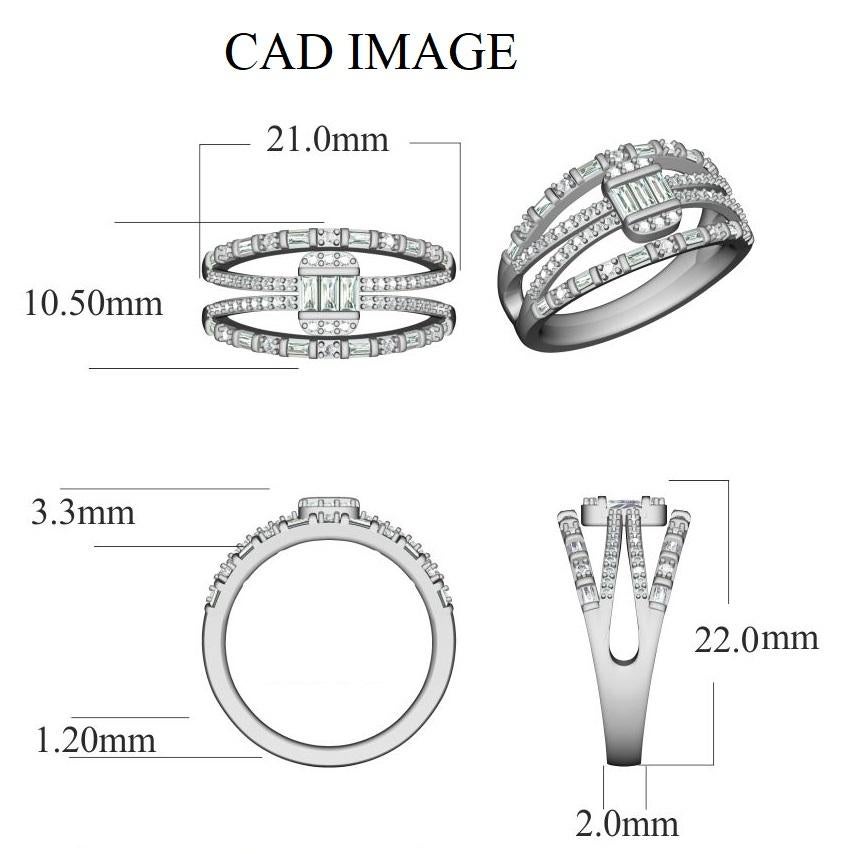 Stunning with color and sparkle, this split shank wide wedding ring proclaims her sophistication. The ring is crafted from 14-karat gold in your choice of white, rose, or yellow, and features Round Brilliant 56 and Baguette - 15 white diamonds,