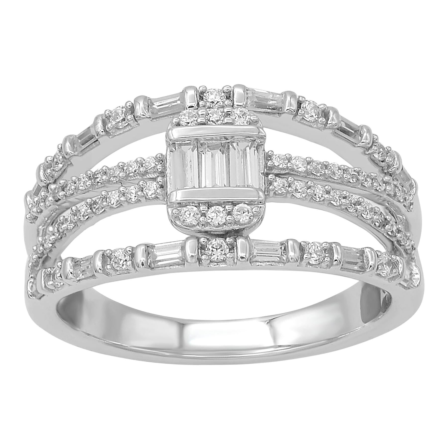 TJD 0.50 Carat Round & Baguette Diamond 14K White Gold Split Shank Fashion Ring For Sale