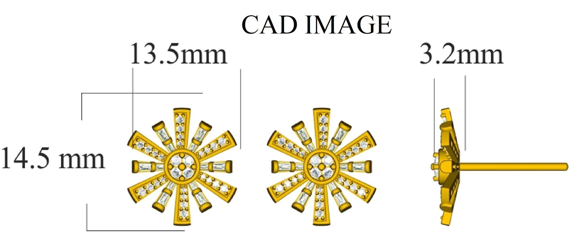 Expertly crafted in 14K solid white gold, each  Sunburst shaped earring is cleverly filled with 56 round and 24 baguette-cut diamond set in pave prong and channel setting, H-I color I2 clarity. Captivating with 0.50 carats diamonds and a bright