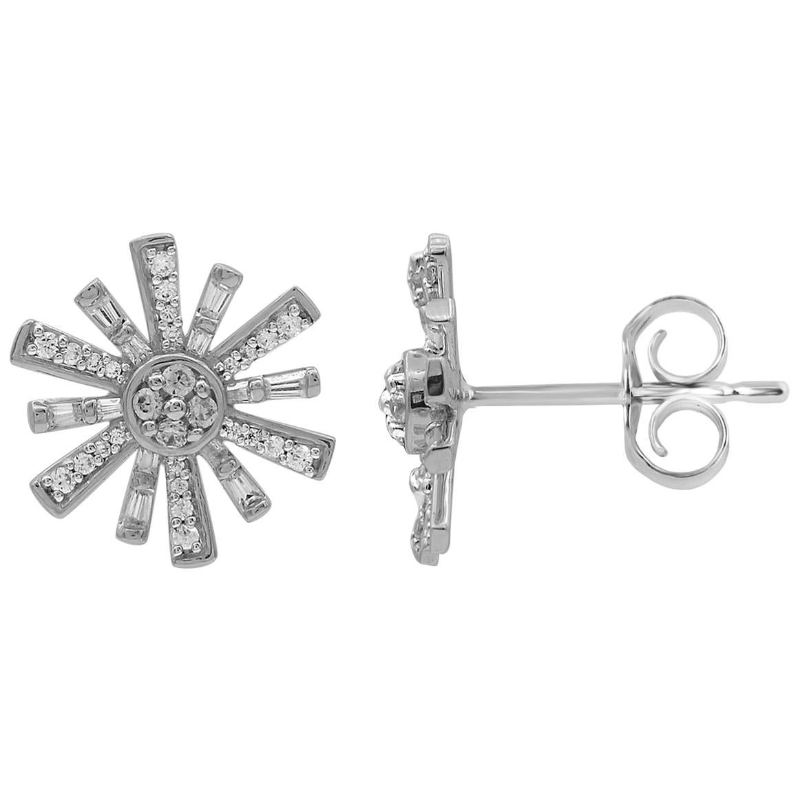 TJD 0.50 Carat Round 
Baguette Diamond 14K White Gold Sunburst Stud Earrings