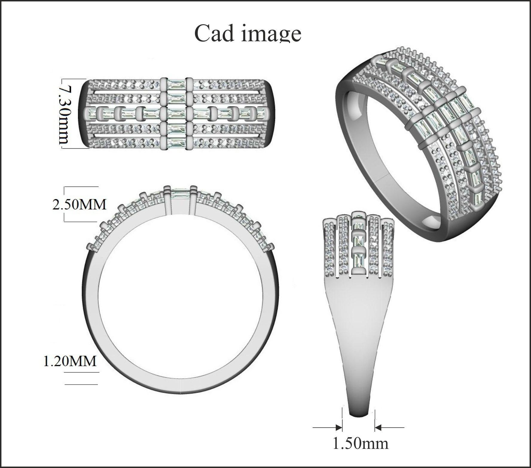 This ring shimmers beautifully with 72 round and 13 baguette cut natural diamonds sets in prong and channel setting. This multi row wedding band fashioned in solid 14 kt white gold and H-I color I2 clarity
