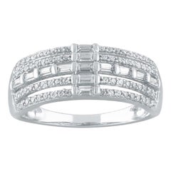 TJD 0.50 Carat Round & Baguette Diamond 14k White Multi-Row Wide Wedding Band