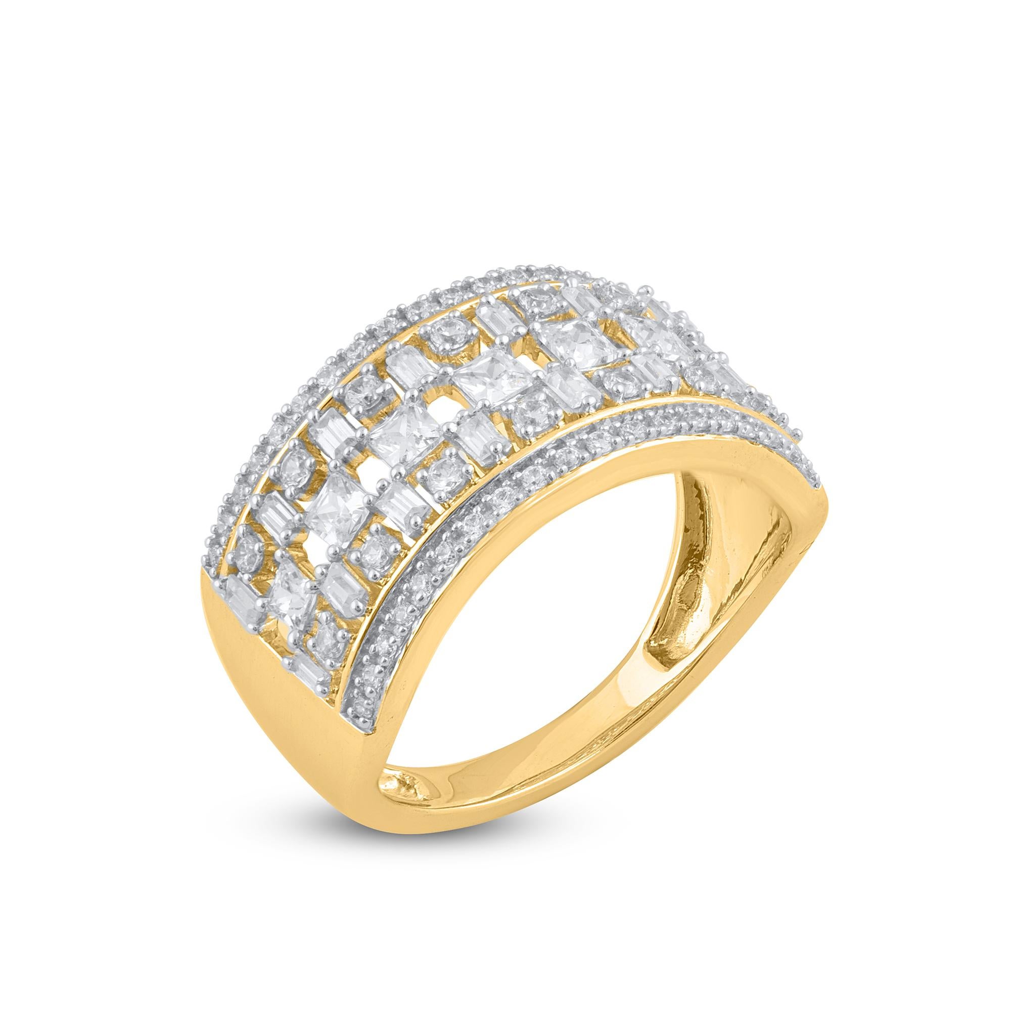 Bring charm to your look with this diamond ring. The ring is crafted from 14-karat gold in your choice of white, rose, or yellow, and features Round Brilliant 52 and Baguette - 16 Princess - 7 white diamonds, Micro prong & Prong set, H-I color I2