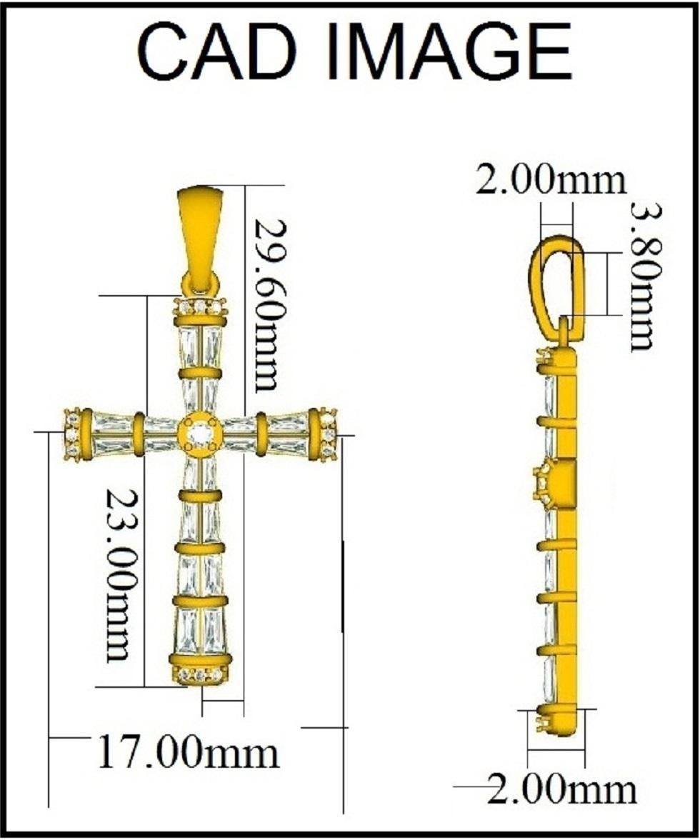 Simple mais frappante, cette croix en diamant est un beau reflet de sa foi. Le pendentif est réalisé en or jaune 14 carats et présente 13 diamants ronds et 20 diamants baguettes en serti clos et en serti canal et brille par sa couleur H-I et sa
