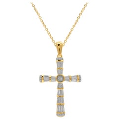 TJD 0.50 Carat Round & Baguette Diamond 14K Yellow Gold Religious Cross Pendant