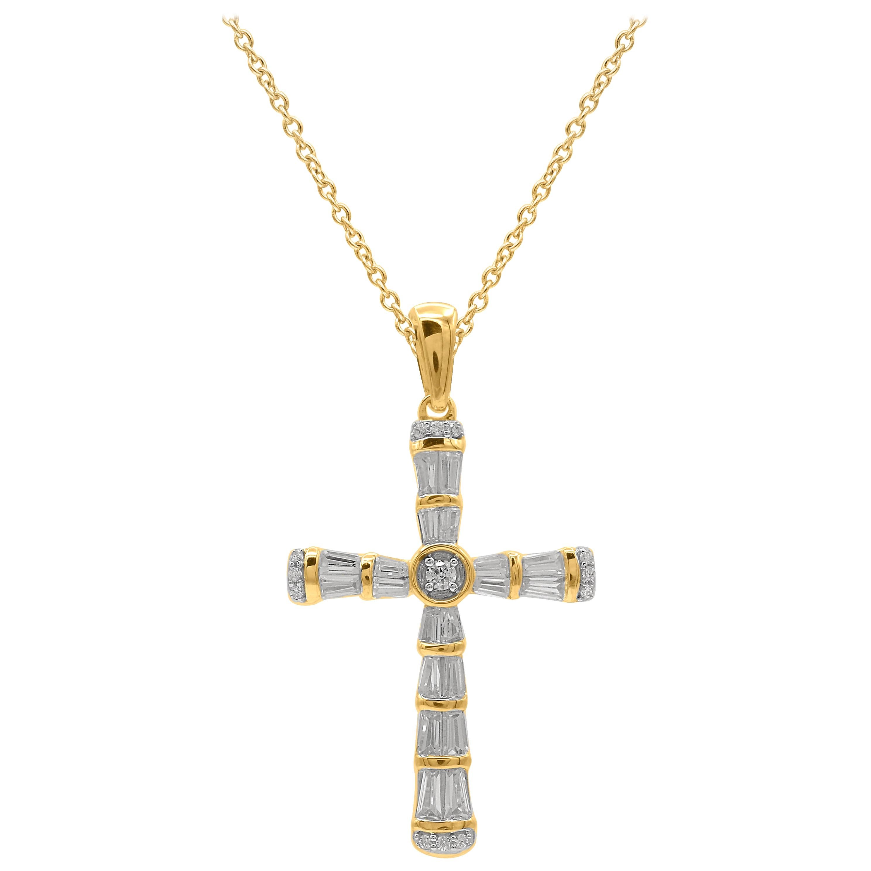 TJD 0.50 Carat Round
Baguette Diamond 14K Yellow Gold Religious Cross Pendant
