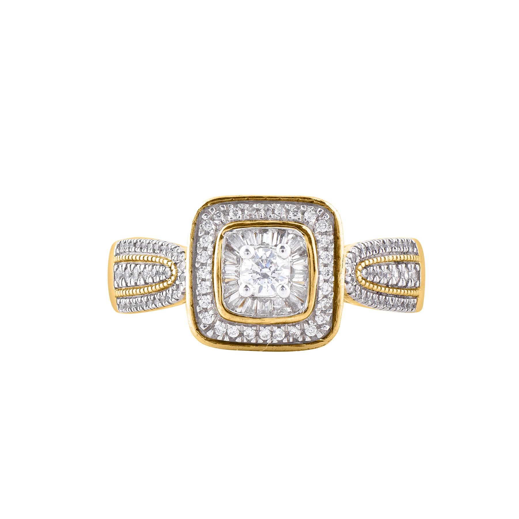 Express your love for her in the most classic way with this engagement ring. Beautifully crafted by our inhouse experts in 14 karat yellow gold and embellished with 107 brilliant cut, single cut round diamond and baguette diamond set in prong, pave