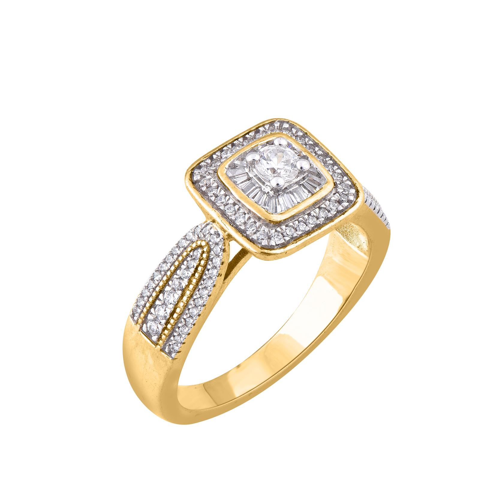 Contemporain Bague de fiançailles designer en or 14 carats avec diamants ronds et baguettes de 0,50 carat TJD en vente