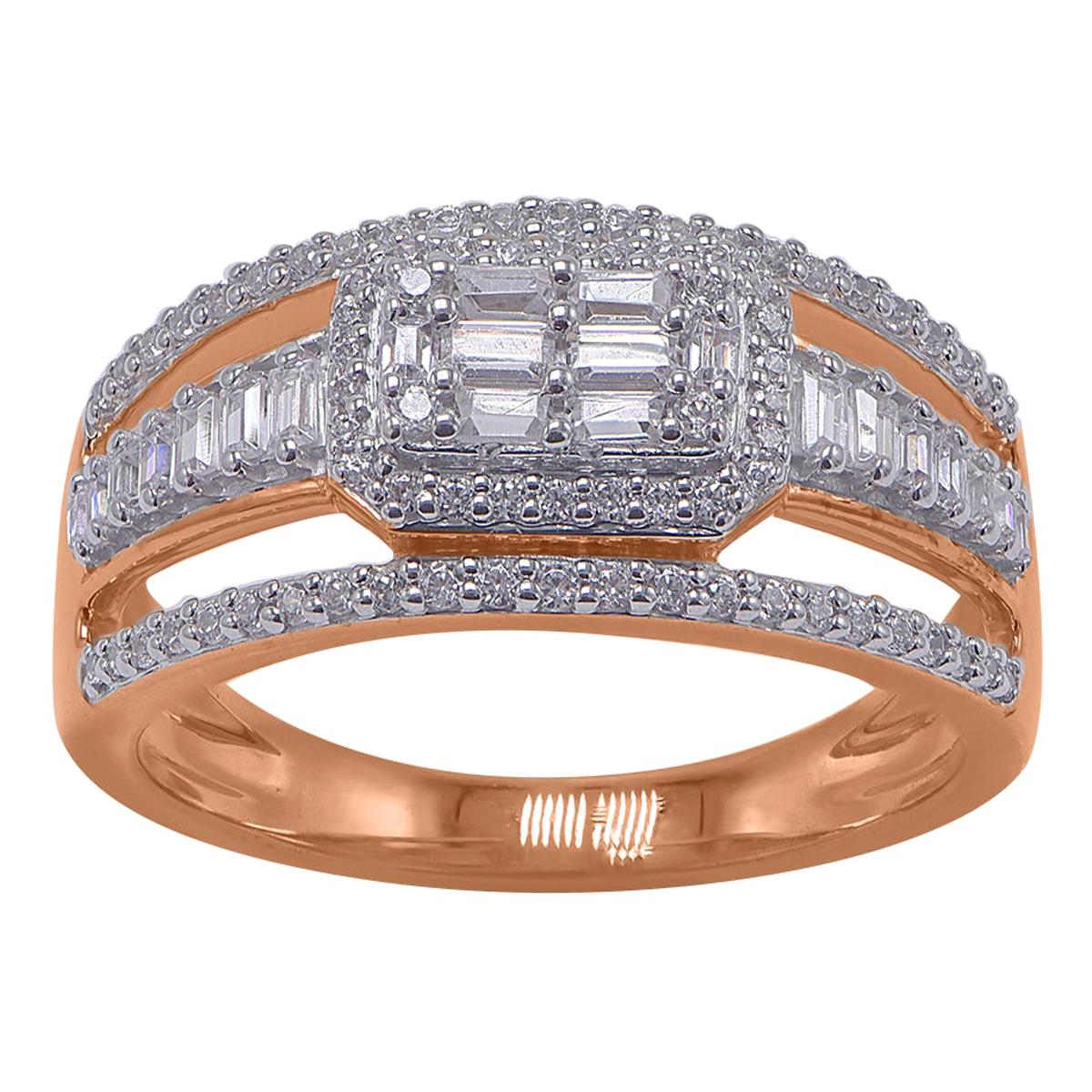 TJD 0.50 Carat Round & Baguette Diamond 14KT Gold Split Shank Engagement Ring For Sale