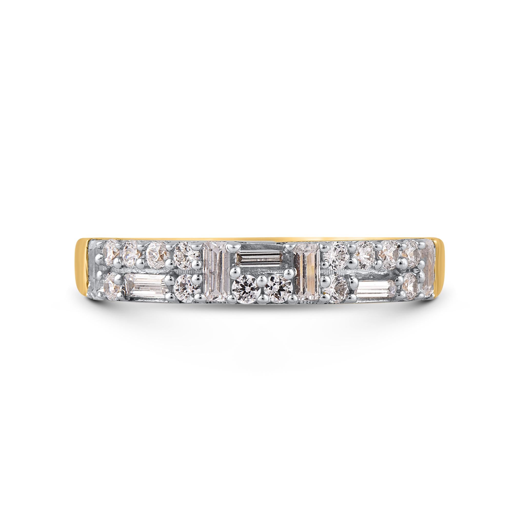 Honor your special day with this exceptional diamond band ring. This band ring features a sparkling 21 brilliant cut & baguette diamonds beautifully set in prong setting. The total diamond weight is 0.50 Carat. The diamonds are graded as H-I color