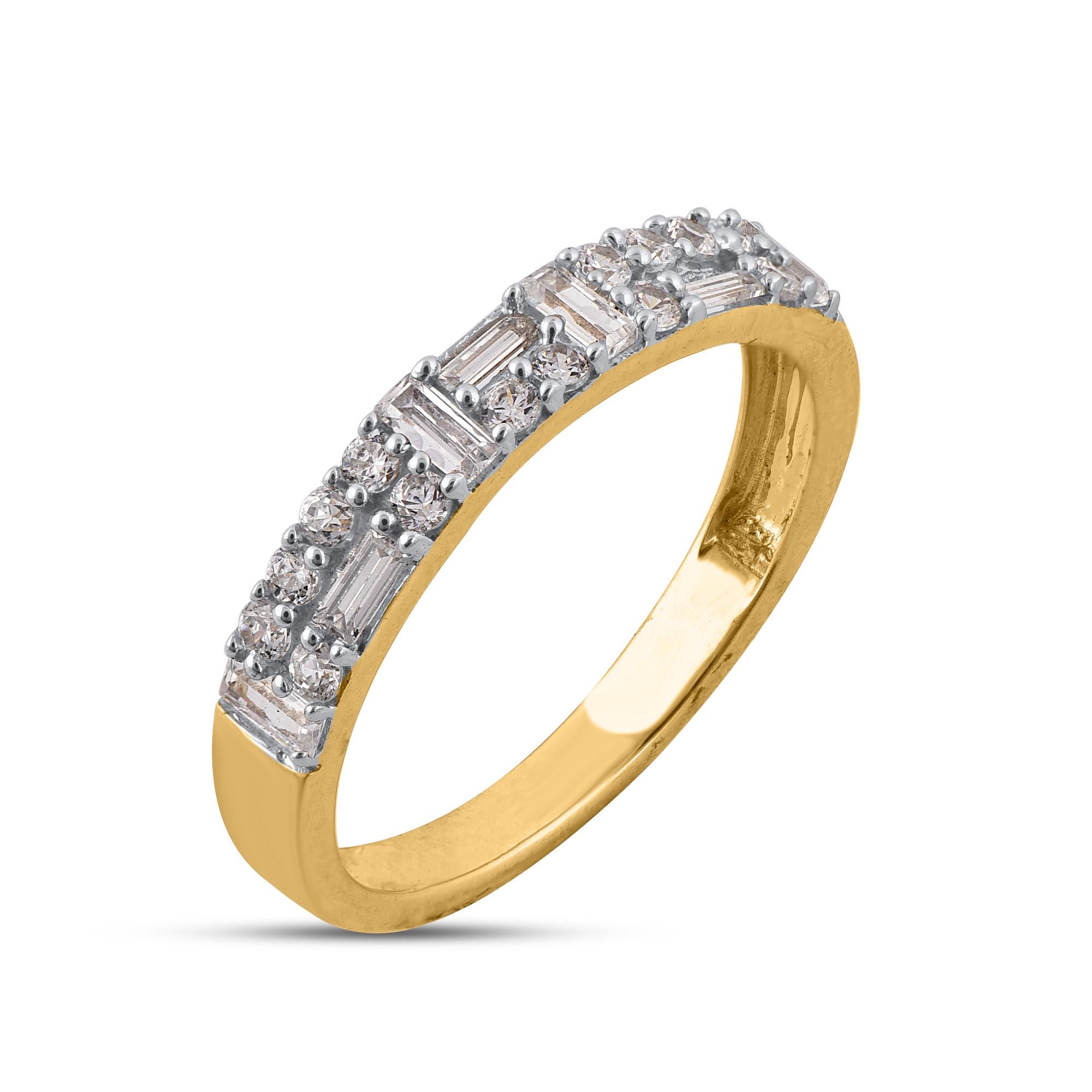 Art Deco TJD 0.50 Carat Round & Baguette Diamond 14KT Gold Stackable Wedding Band Ring For Sale
