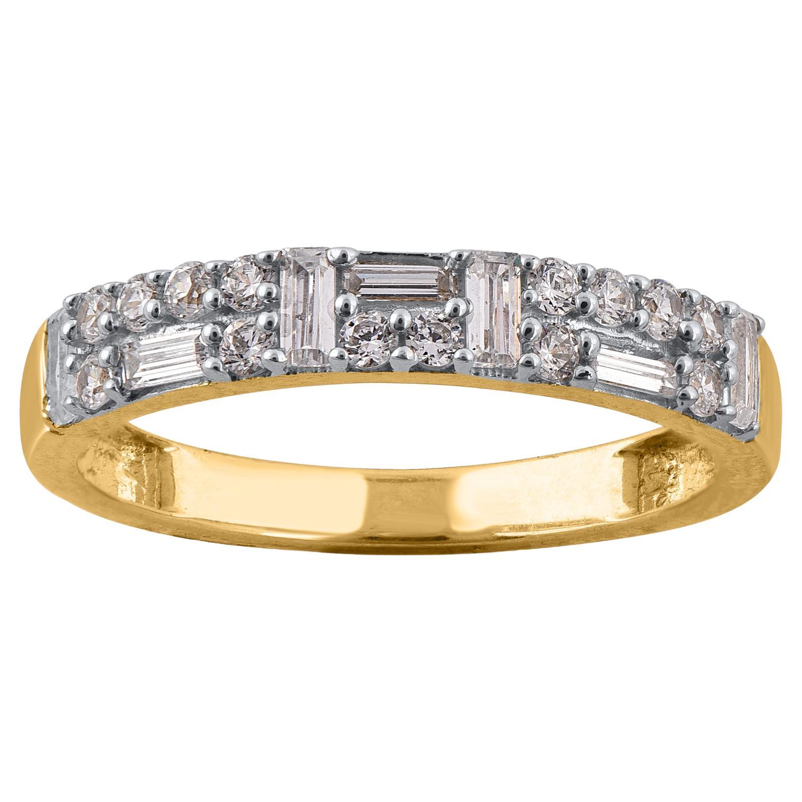 TJD 0.50 Carat Round & Baguette Diamond 14KT Gold Stackable Wedding Band Ring For Sale