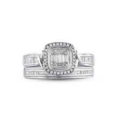 TJD 0.50 Carat Round & Baguette Diamond 14KT White Gold Cushion Frame Bridal Set