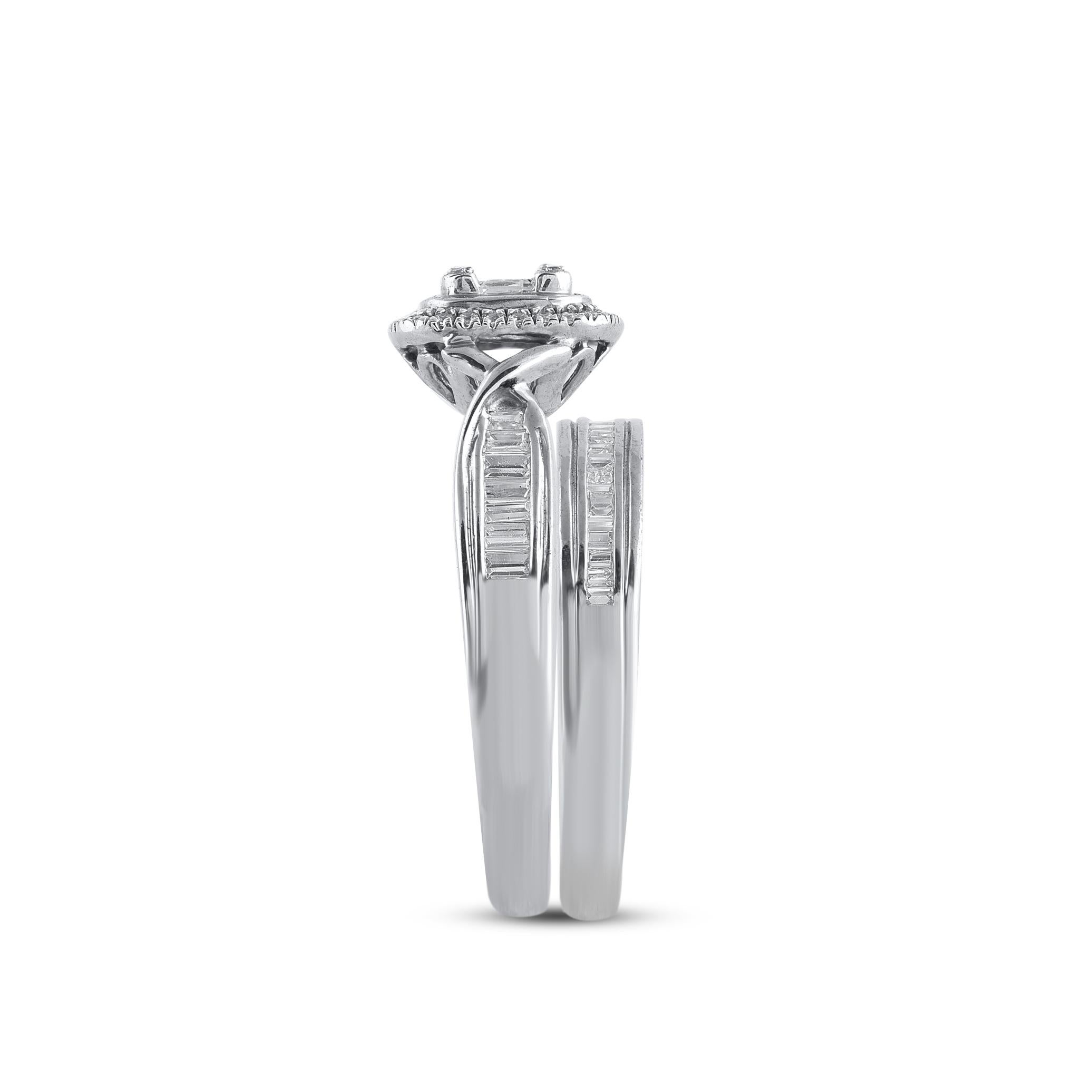Taglio misto TJD 0,50 carati di diamanti rotondi e baguette in oro bianco 14KT con cornice a cuscino in vendita