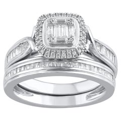 Ensemble de mariage à cadre coussin en or blanc 14 carats avec diamants ronds et baguettes de 0,50 carat TJD