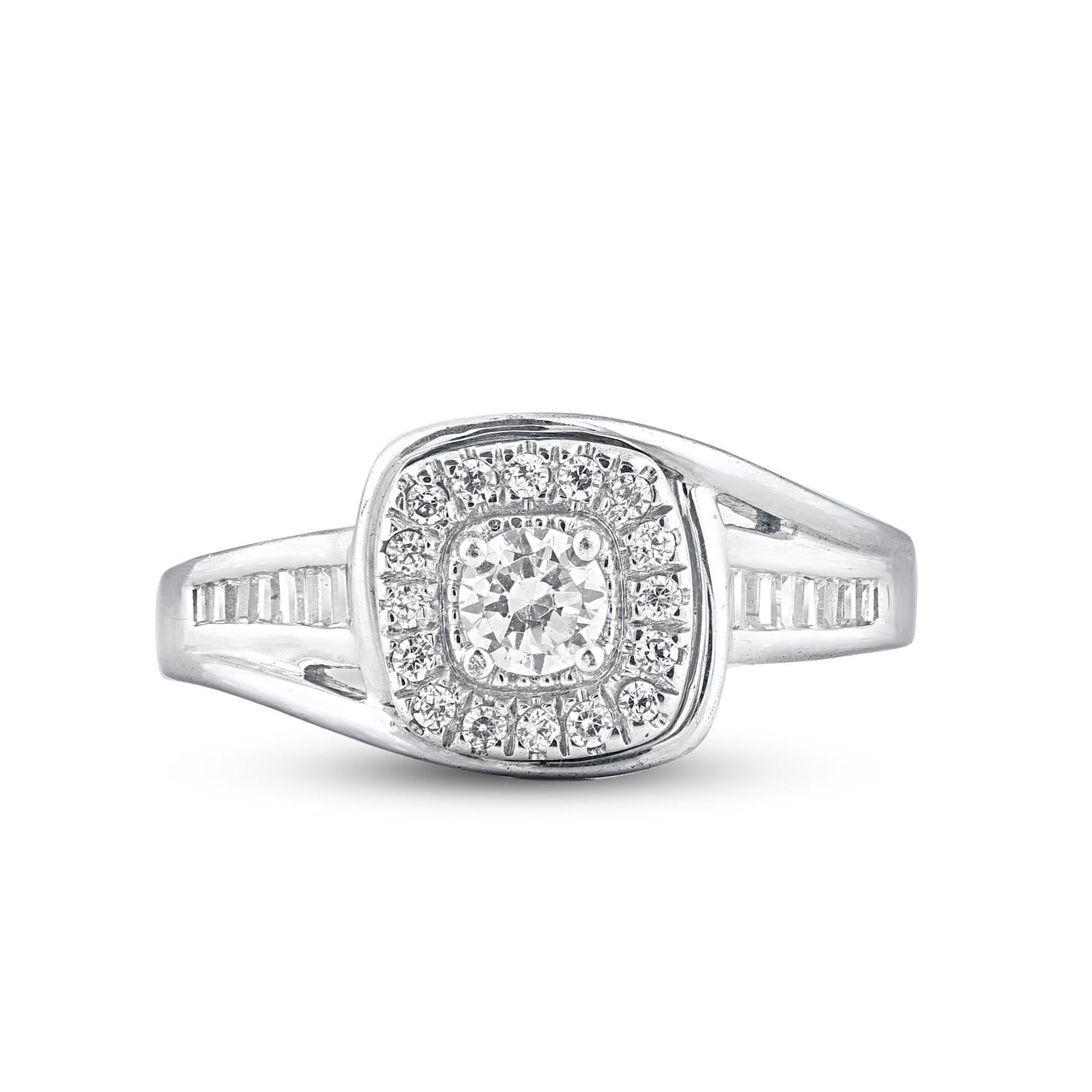 Win her heart with this classic and elegant diamond wedding ring. These diamond ring are studded with 31 baguette cut and brilliant cut diamonds in pave, prong & channel setting and crafted in 14kt white gold. The white diamonds are graded as H-I