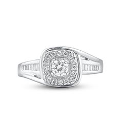 TJD 0.50 Carat Round & Baguette Diamond 14KT White Gold Engagement Ring