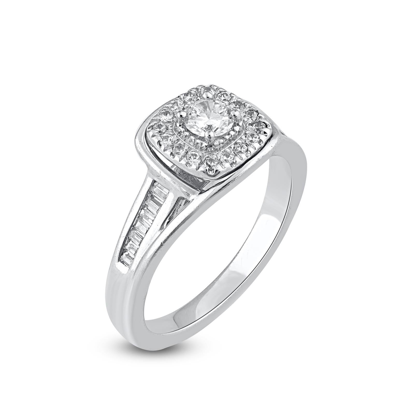 Contemporary TJD 0.50 Carat Round & Baguette Diamond 14KT White Gold Engagement Ring For Sale