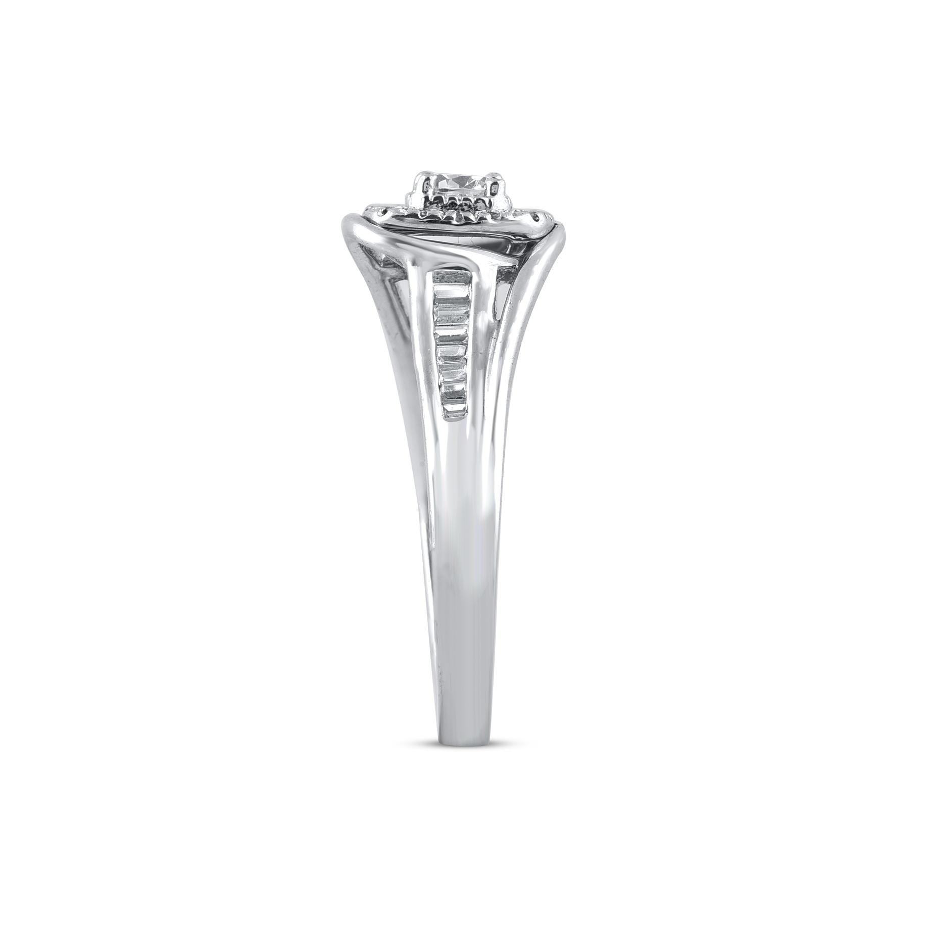 Mixed Cut TJD 0.50 Carat Round & Baguette Diamond 14KT White Gold Engagement Ring For Sale