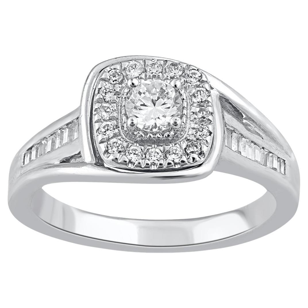 Bague de fiançailles en or blanc 14 carats avec diamants ronds et baguettes de 0,50 carat TJD