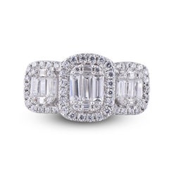 TJD 0.50 Carat Round & Baguette Diamond 14KT White Gold Halo Engagement Ring