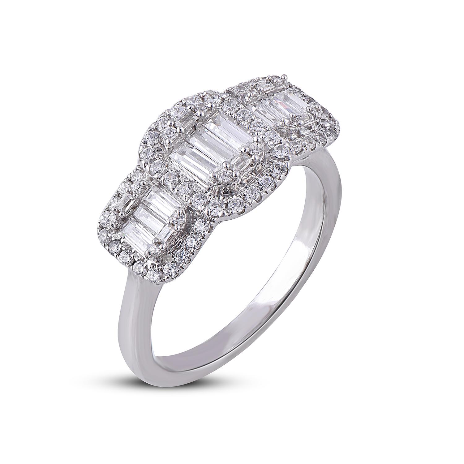 Modern TJD 0.50 Carat Round & Baguette Diamond 14KT White Gold Halo Engagement Ring For Sale