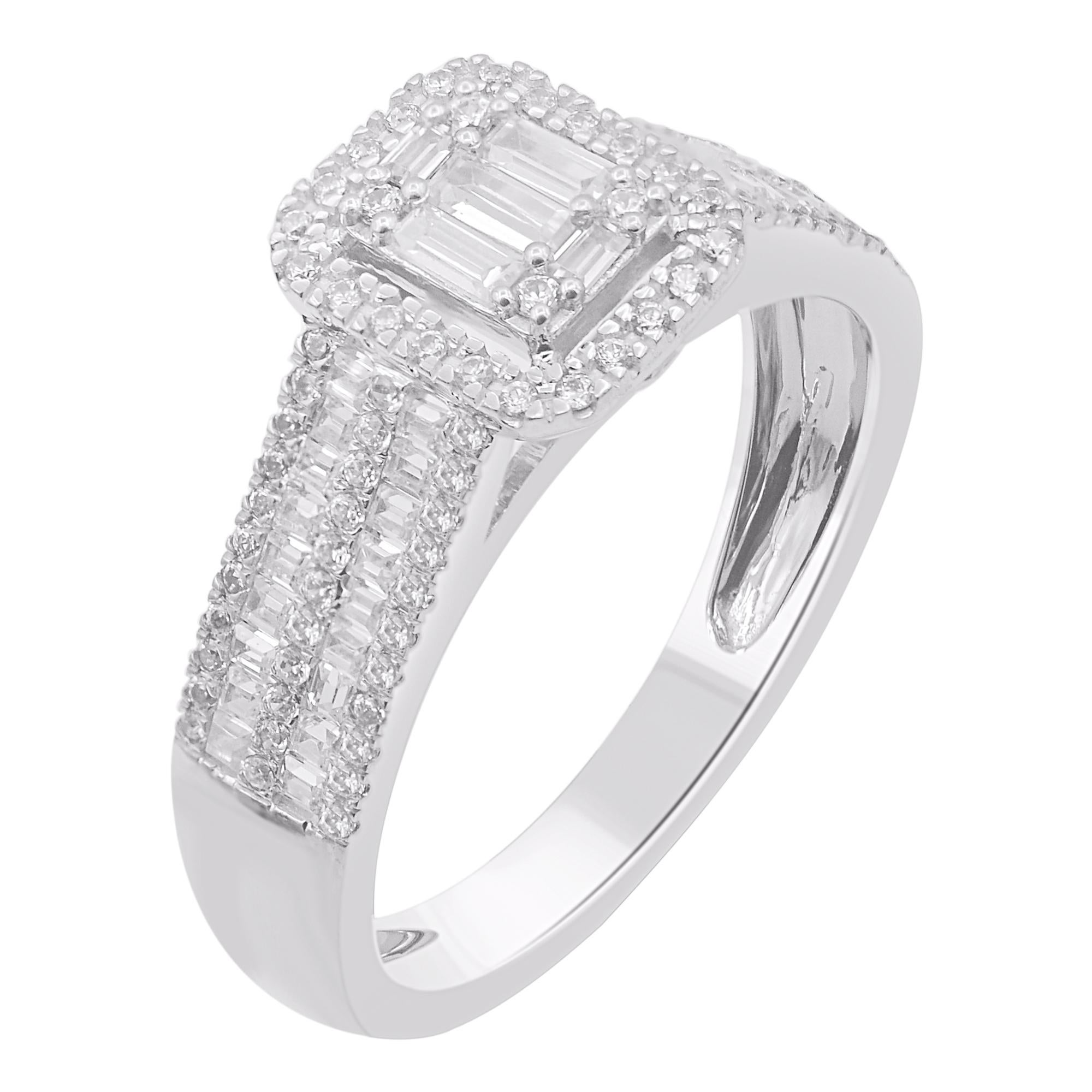 Modern TJD 0.50 Carat Round & Baguette Diamond 14KT White Gold Halo Engagement Ring For Sale