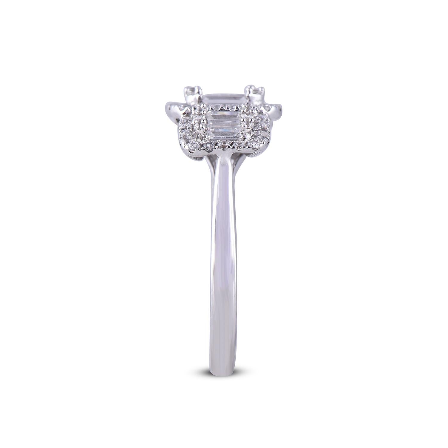 Baguette Cut TJD 0.50 Carat Round & Baguette Diamond 14KT White Gold Halo Engagement Ring For Sale