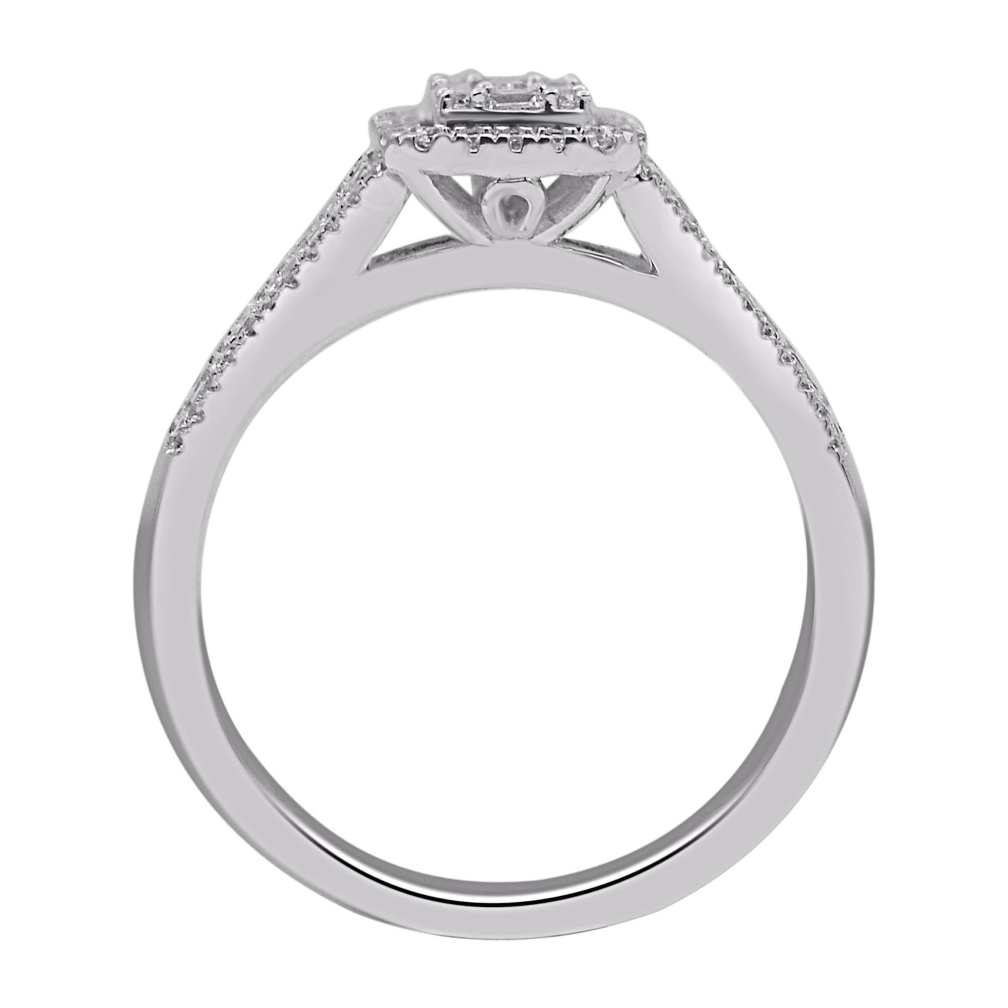 Mixed Cut TJD 0.50 Carat Round & Baguette Diamond 14KT White Gold Halo Engagement Ring For Sale