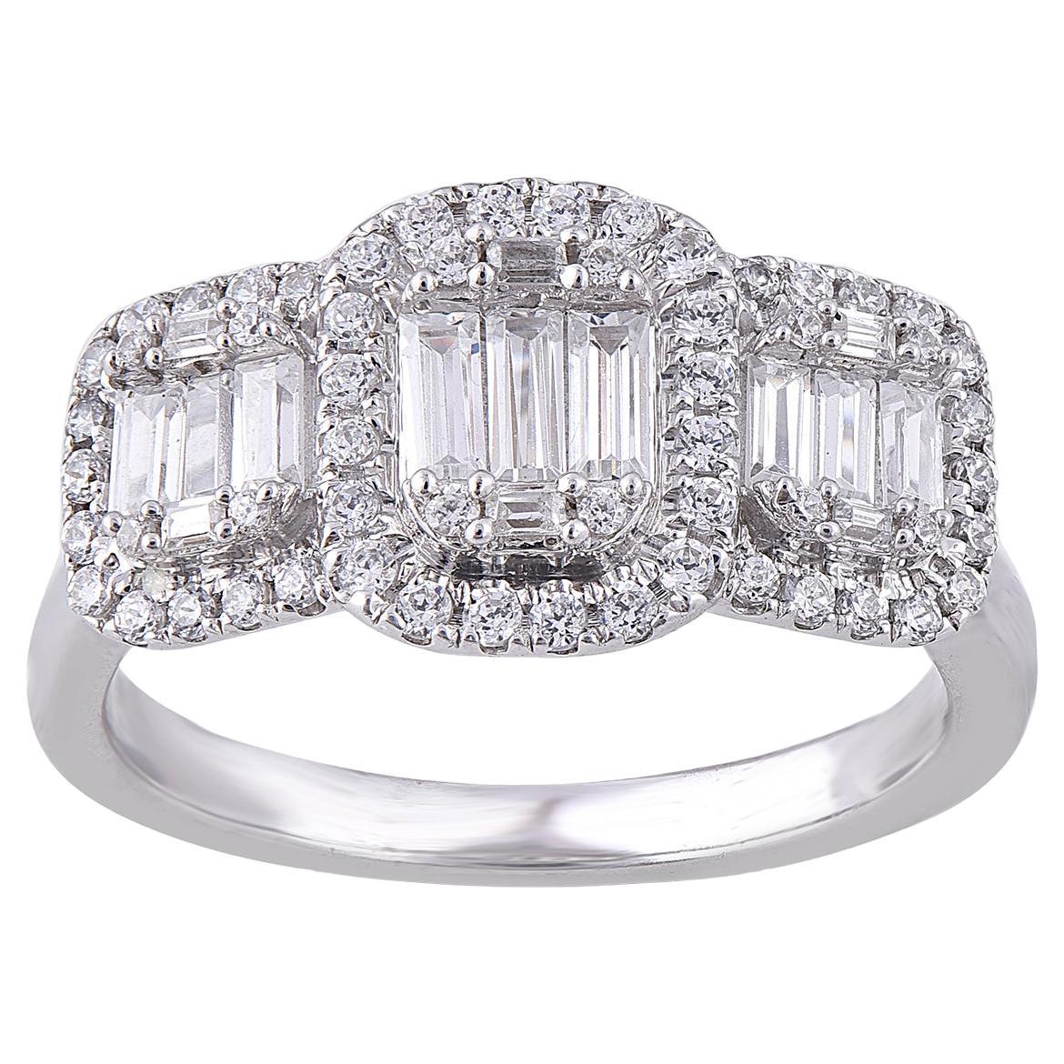 Bague de fiançailles en or blanc 14 carats avec diamants ronds et baguettes de 0,50 carat TJD