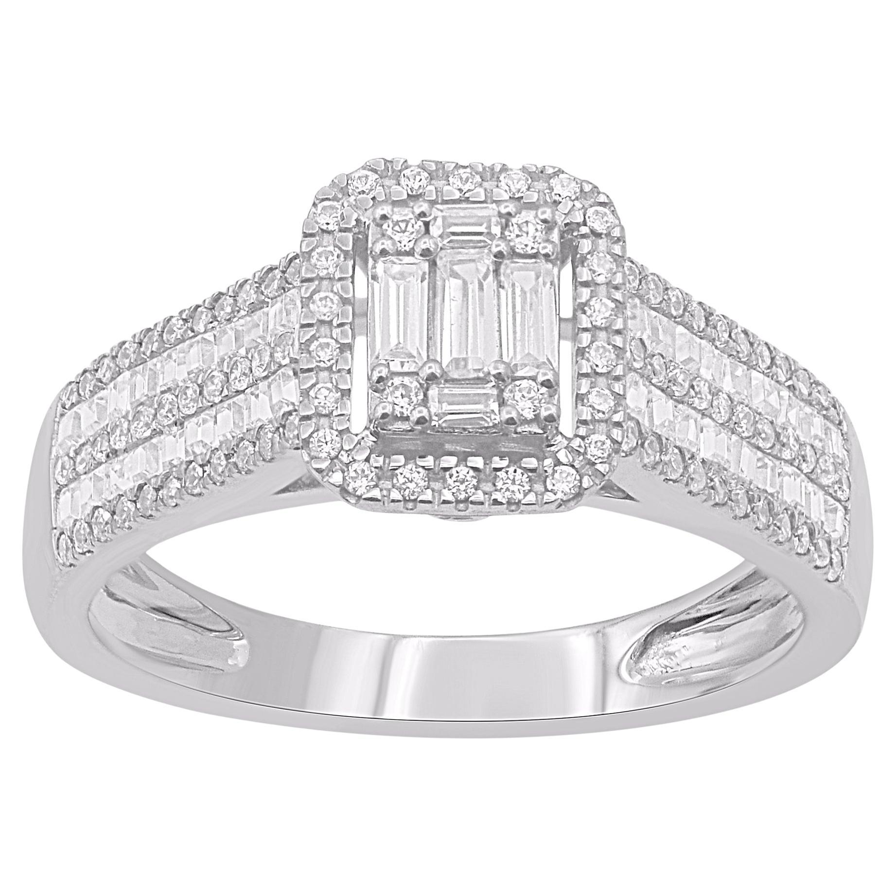 TJD 0.50 Carat Round & Baguette Diamond 14KT White Gold Halo Engagement Ring