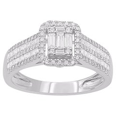 TJD 0.50 Carat Round & Baguette Diamond 14KT White Gold Halo Engagement Ring