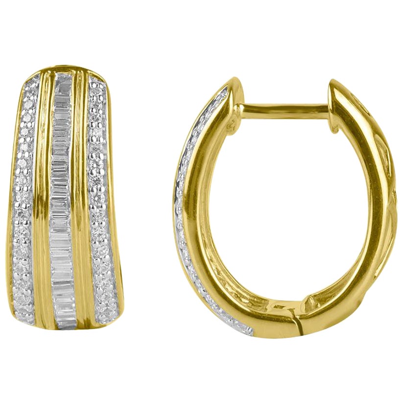 TJD 0,50 Karat runder 
Baguette-Diamant 14KT Gelbgold Huggie-Ohrringe mit Creolen