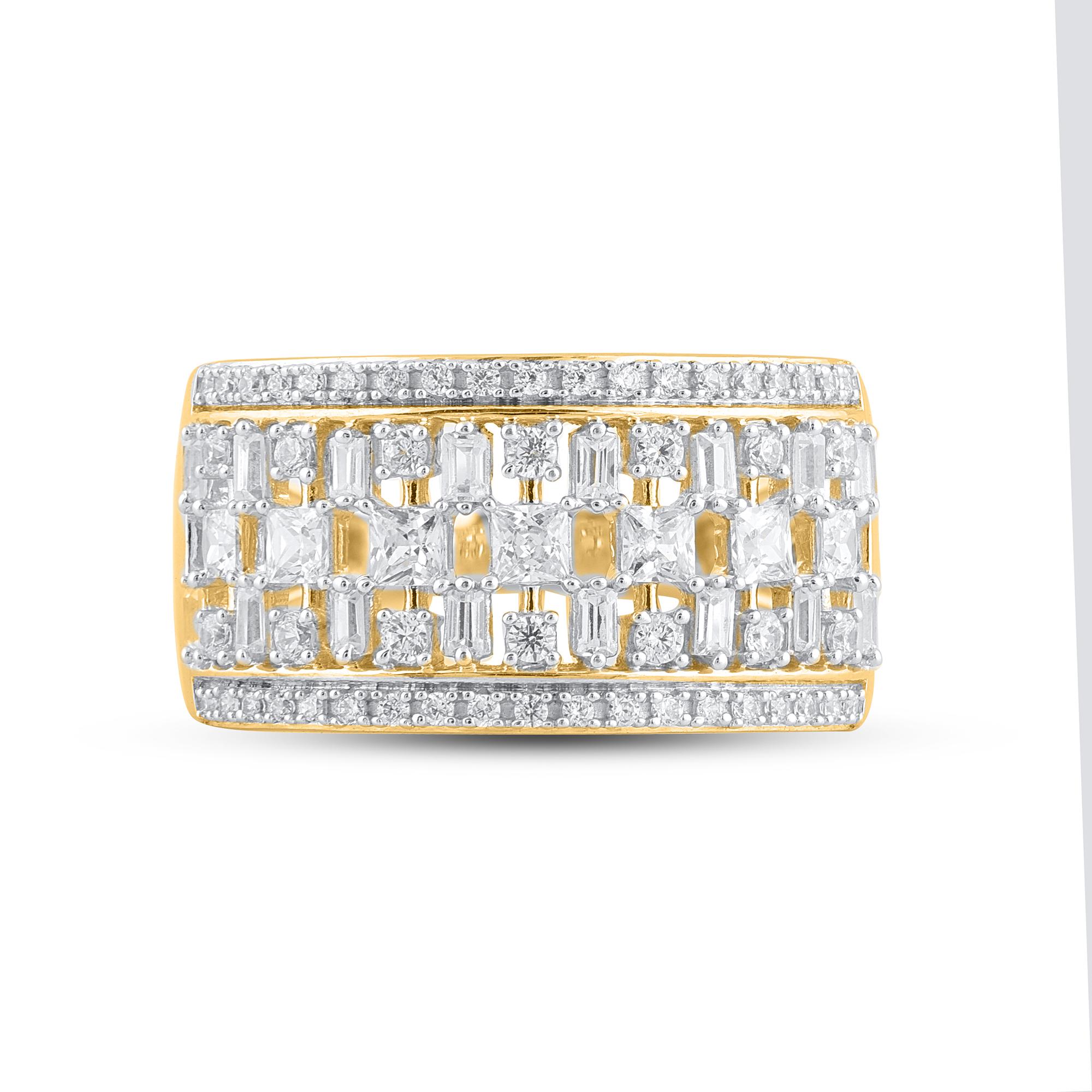 Art déco Alliance à plusieurs rangs en or jaune 14 carats avec diamants ronds et baguettes TJD 1,0 carat en vente