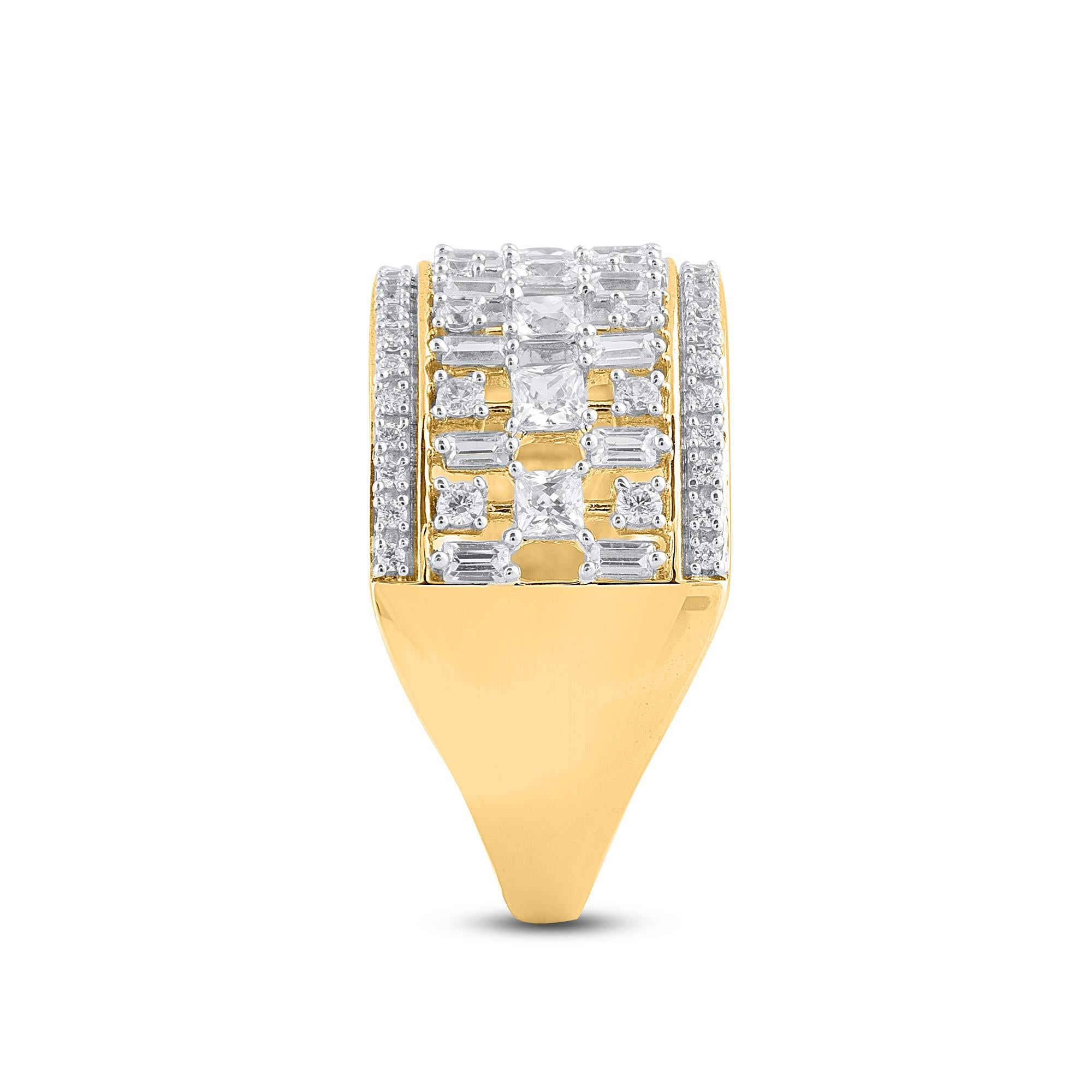 Taille baguette Alliance à plusieurs rangs en or jaune 14 carats avec diamants ronds et baguettes TJD 1,0 carat en vente