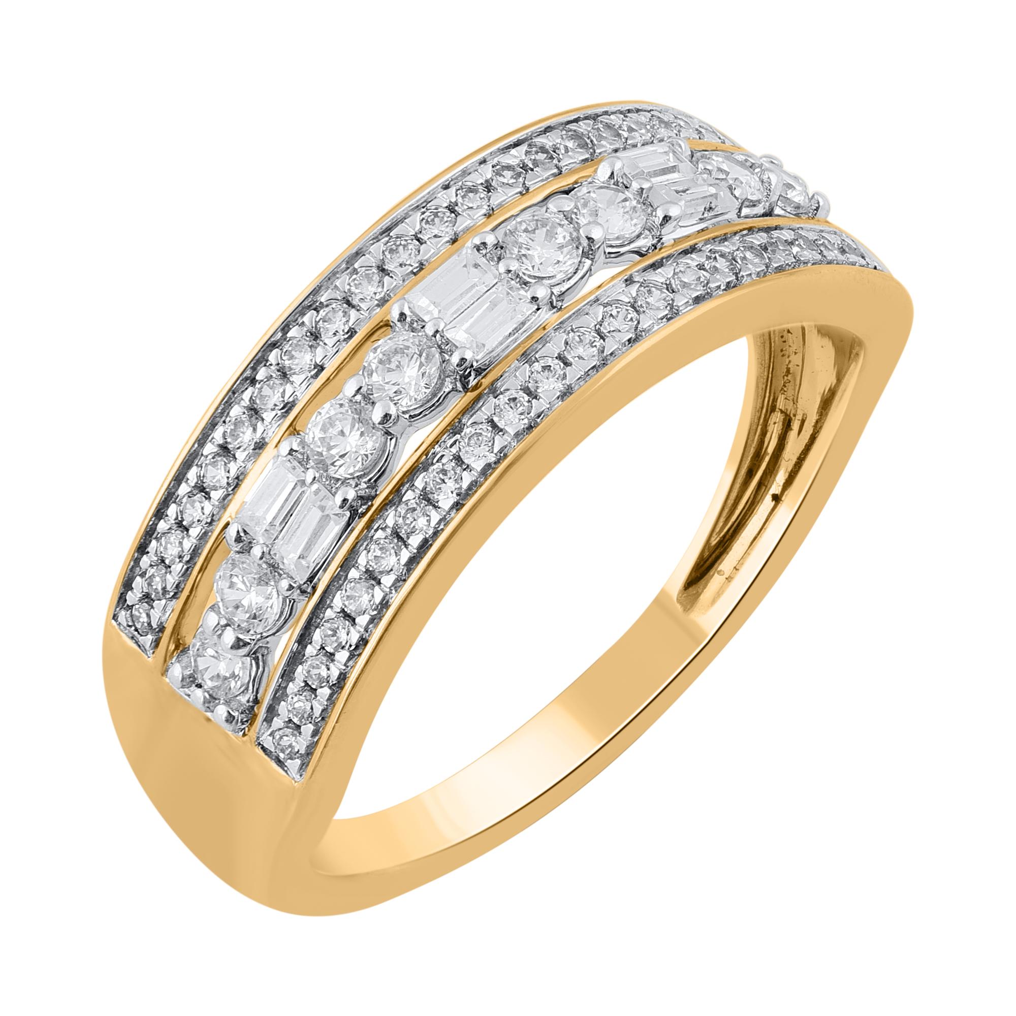 Dazzling and classic, this diamond band ring is anything but ordinary. These band ring are studded with 56 brilliant Cut, single Cut & baguette natural diamonds in 14KT yellow gold in pave and prong setting . The white diamonds are graded as H-I