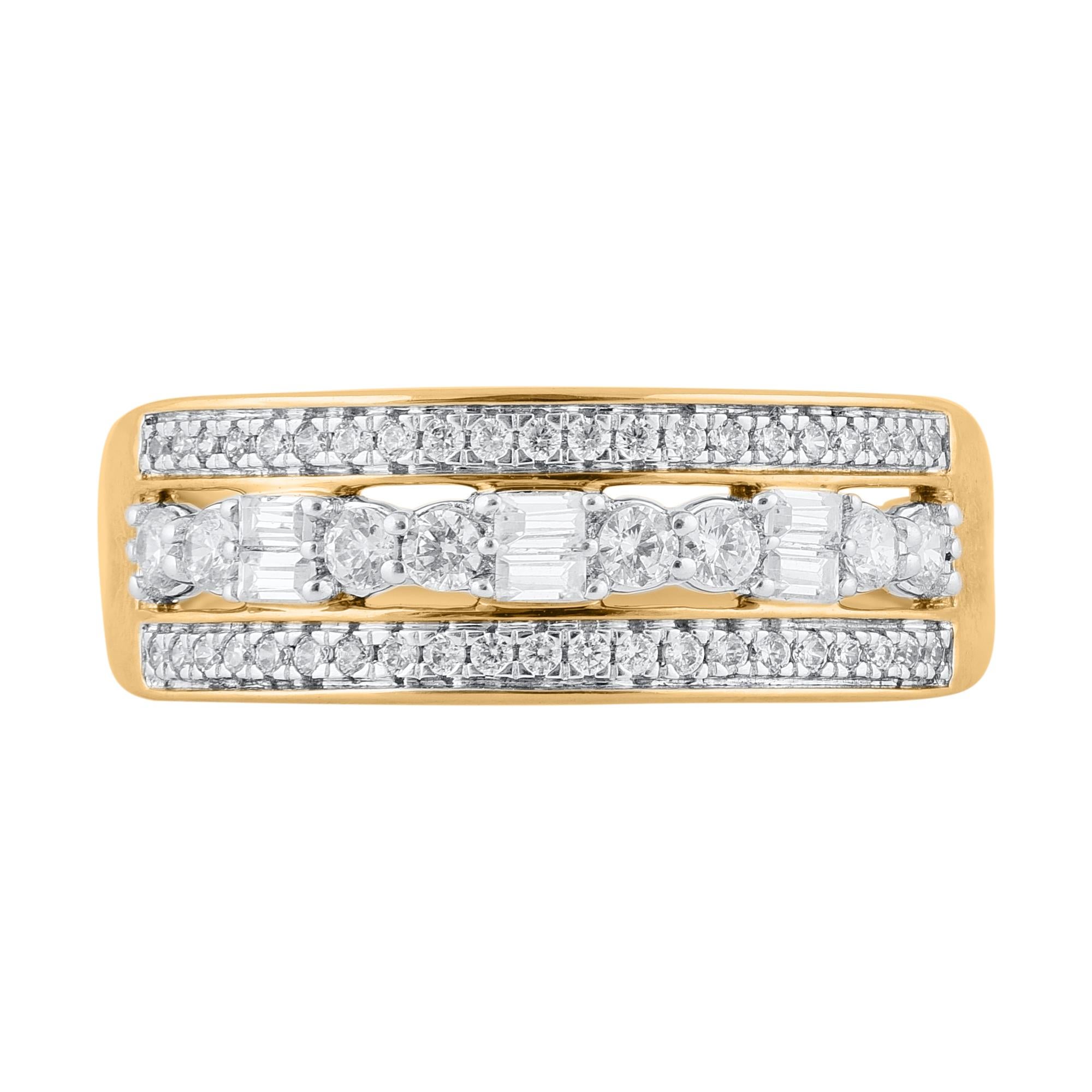 Contemporary TJD 0.50 Carat Round & Baguette Diamond 14KT Yellow Gold Wedding Band Ring For Sale