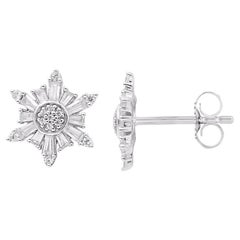TJD 0.50 Carat Round & Baguette Diamond 18 Karat White Gold Floral Stud Earrings