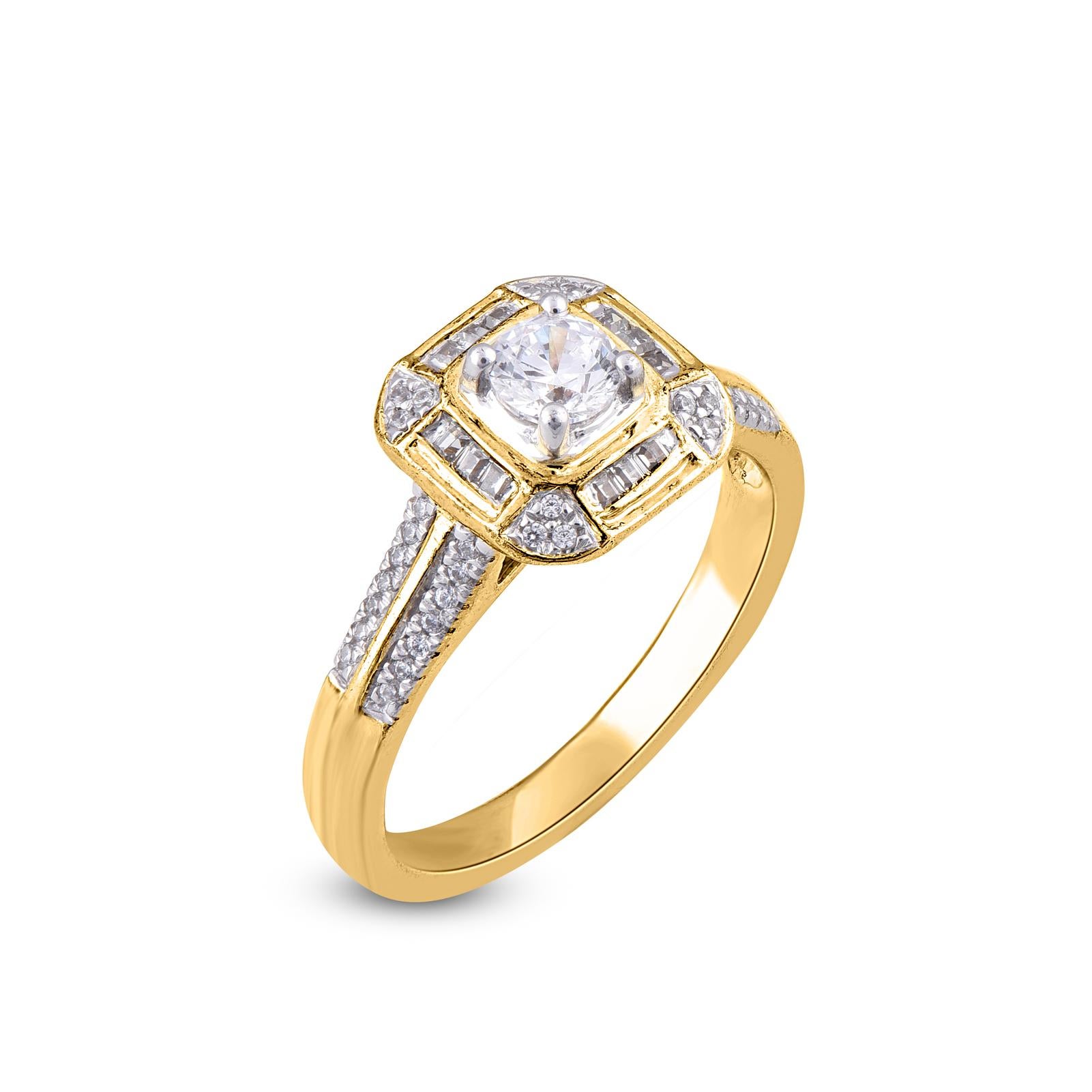This ring is studded with 0.30ct center stone and 0.20ct of 36 round and 16 baguette diamonds elegantly set in prong, pave and channel setting and made by our experts in 18 karat Yellow gold, diamonds are graded G-H Color, SI1 Clarity. This is a