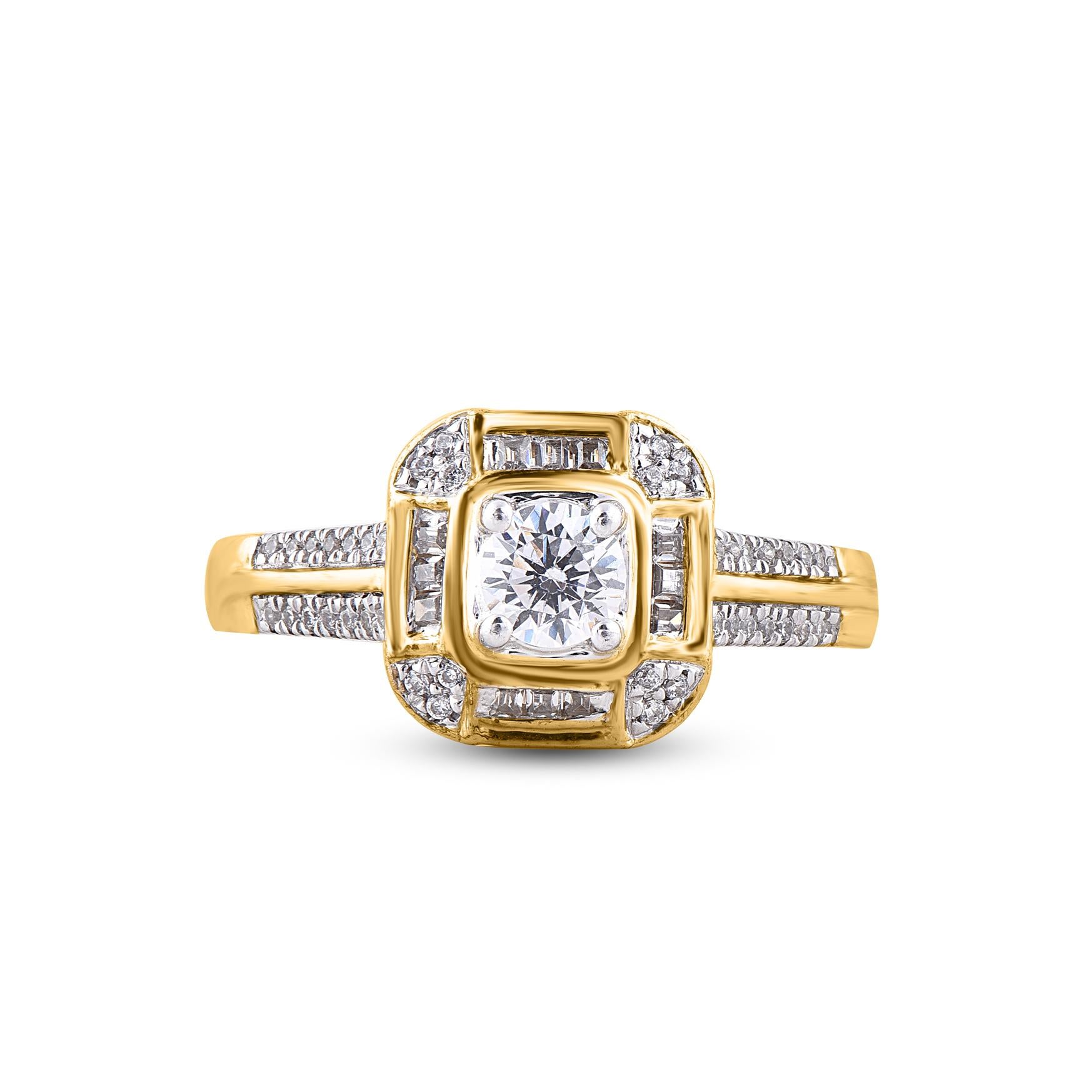 This ring is studded with 0.30ct center stone and 0.20ct of 36 round and 16 baguette diamonds elegantly set in prong, pave and channel setting and made by our experts in 18 karat Yellow gold, diamonds are graded G-H Color, SI1 Clarity. This is a