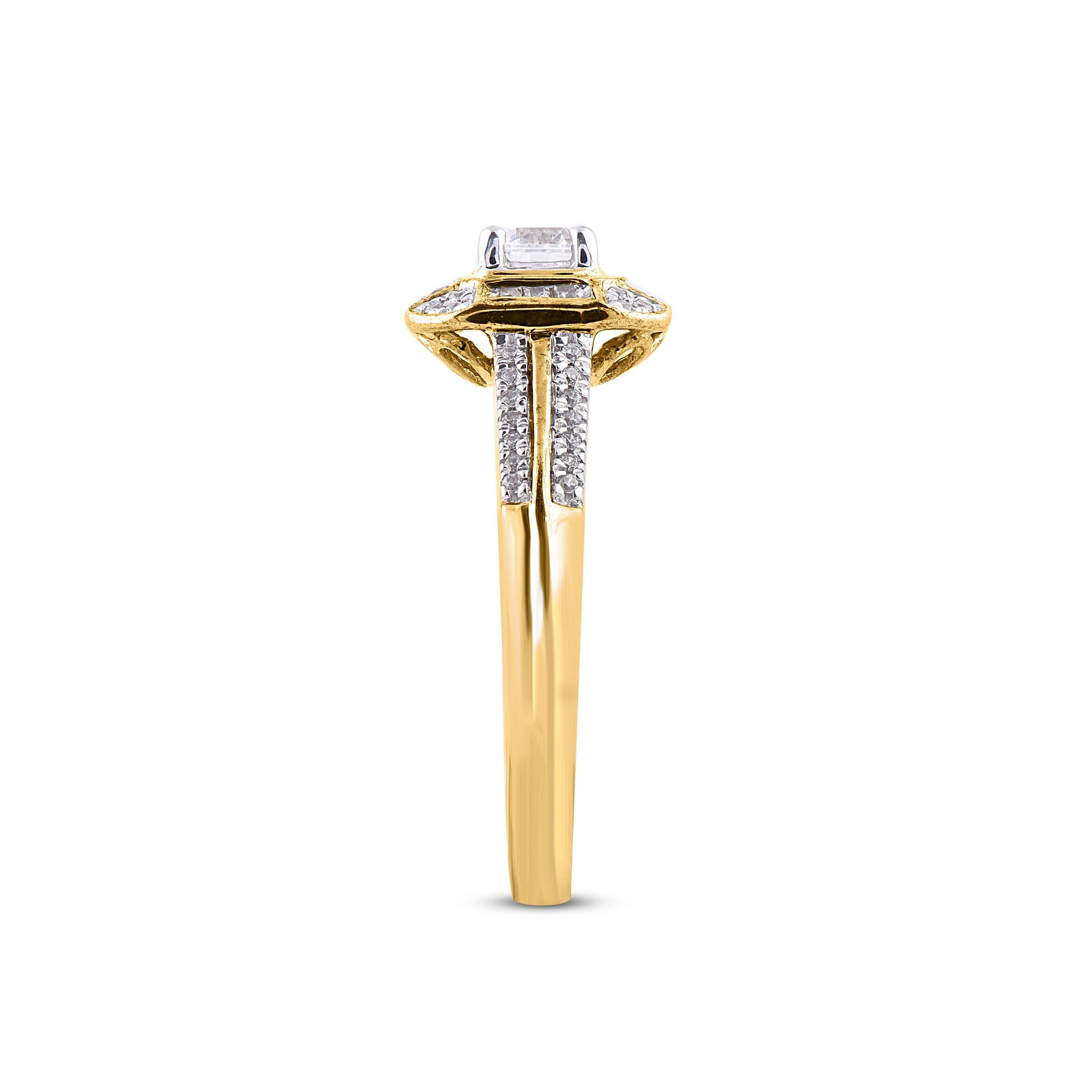 Round Cut TJD 0.50 Carat Round & Baguette Diamond 18Karat Yellow Gold Designer Bridal Ring For Sale