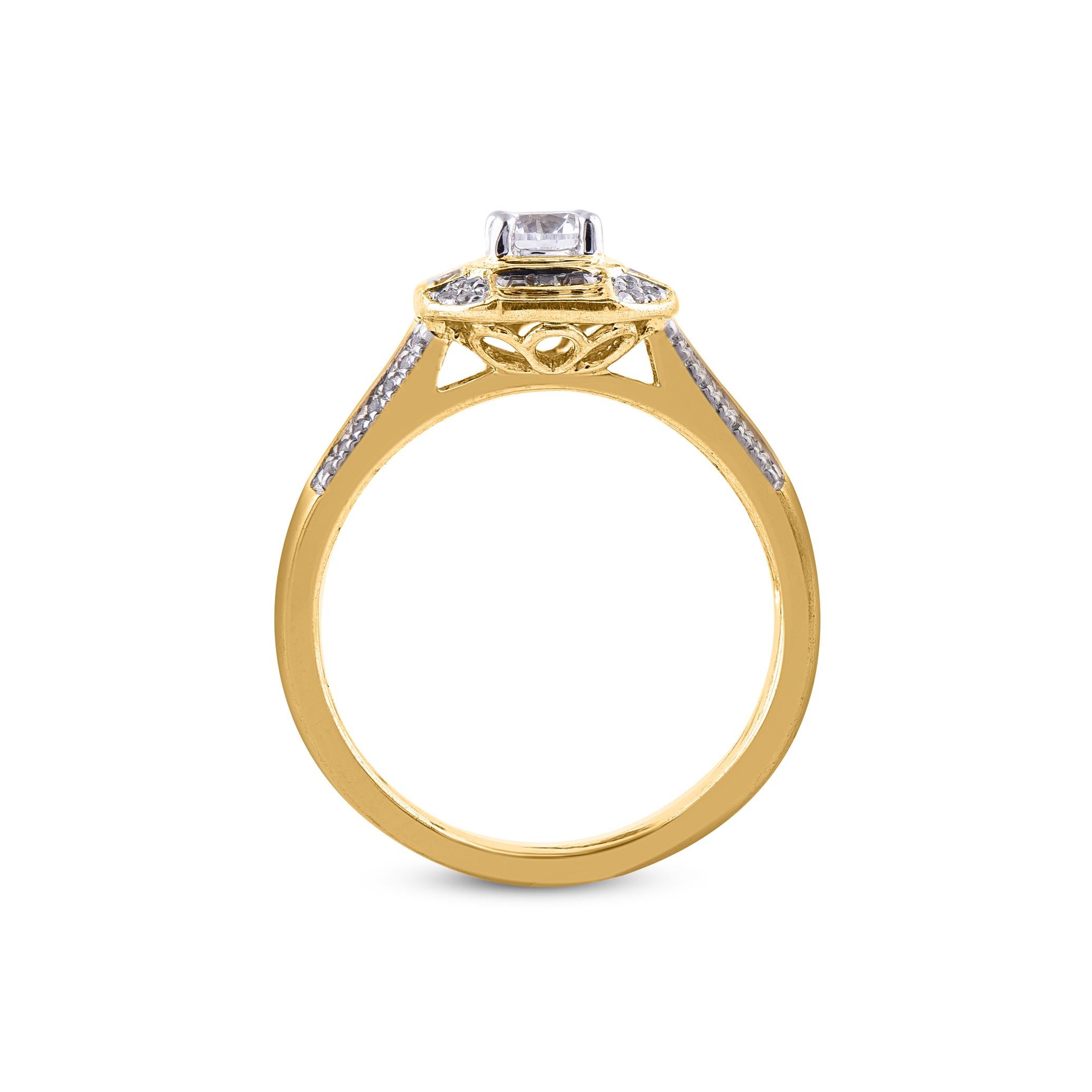 TJD 0.50 Carat Round & Baguette Diamond 18Karat Yellow Gold Designer Bridal Ring In New Condition For Sale In New York, NY
