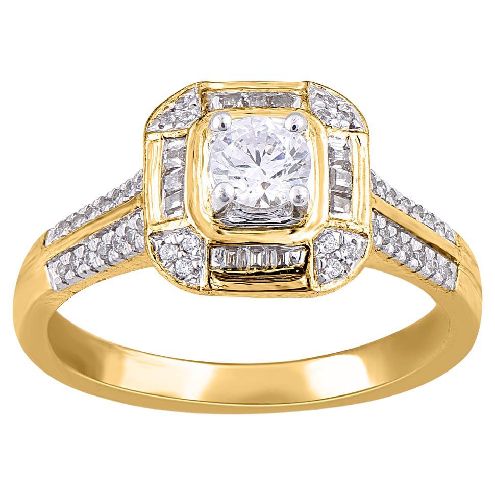 TJD 0.50 Carat Round & Baguette Diamond 18Karat Yellow Gold Designer Bridal Ring For Sale