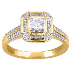 TJD 0.50 Carat Round & Baguette Diamond 18Karat Yellow Gold Designer Bridal Ring