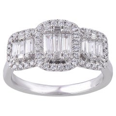TJD 0.50 Carat Round & Baguette Diamond 18KT White Gold Halo Engagement Ring