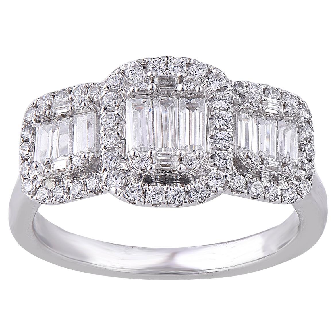 TJD 0.50 Carat Round & Baguette Diamond 18KT White Gold Halo Engagement Ring