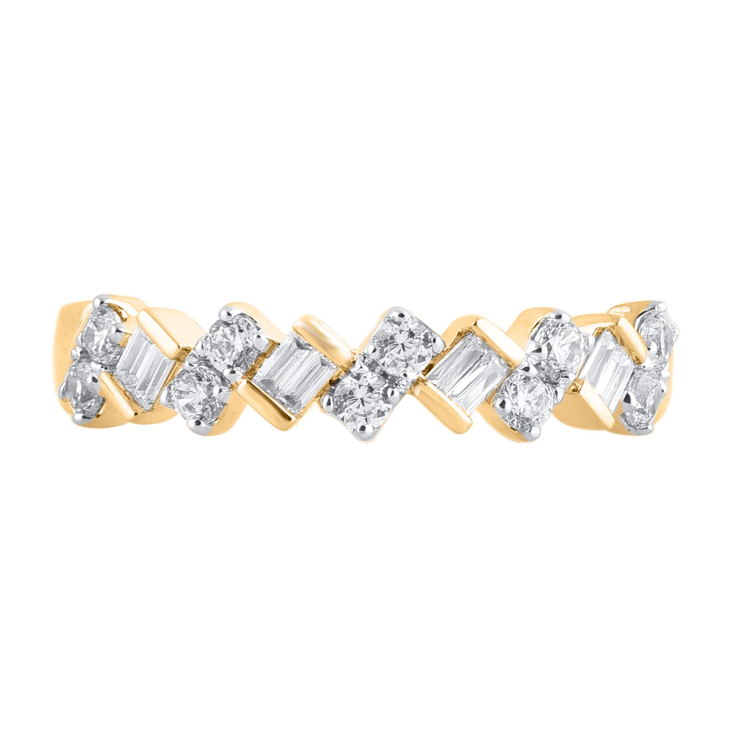 TJD 0,50 Karat runder & Baguette-Diamant-Hochzeitsring aus 14 Karat Gelbgold (Zeitgenössisch) im Angebot