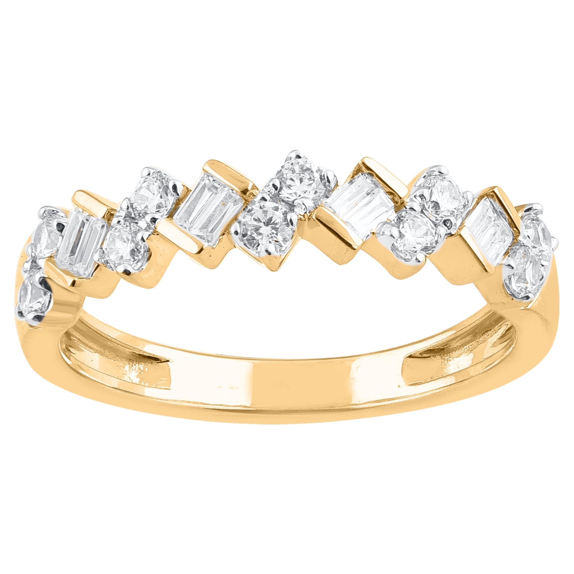 TJD 0,50 Karat runder & Baguette-Diamant-Hochzeitsring aus 14 Karat Gelbgold